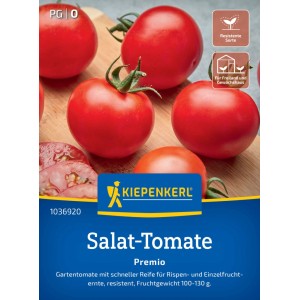 Kiepenkerl Salat-Tomate Premio F1: Rote, runde Tomaten auf Holzbrett, samenfest und resistent.