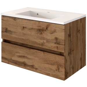 Held Möbel Einzelwaschtisch Verona 80 cm Eiche Natur Matt mit zwei Schubladen und weißem Waschbecken.