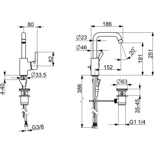 Technische Zeichnung: Hansa Paleno 5637 Waschtischarmatur, Einhebelmischer, Chrom, mit Maßangaben.