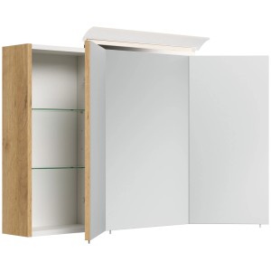 Posseik Spiegelschrank 100 cm Eiche Gold mit 3 Spiegeltüren, LED-Lampe und Glasböden. Offene Tür zeigt Innenraum.