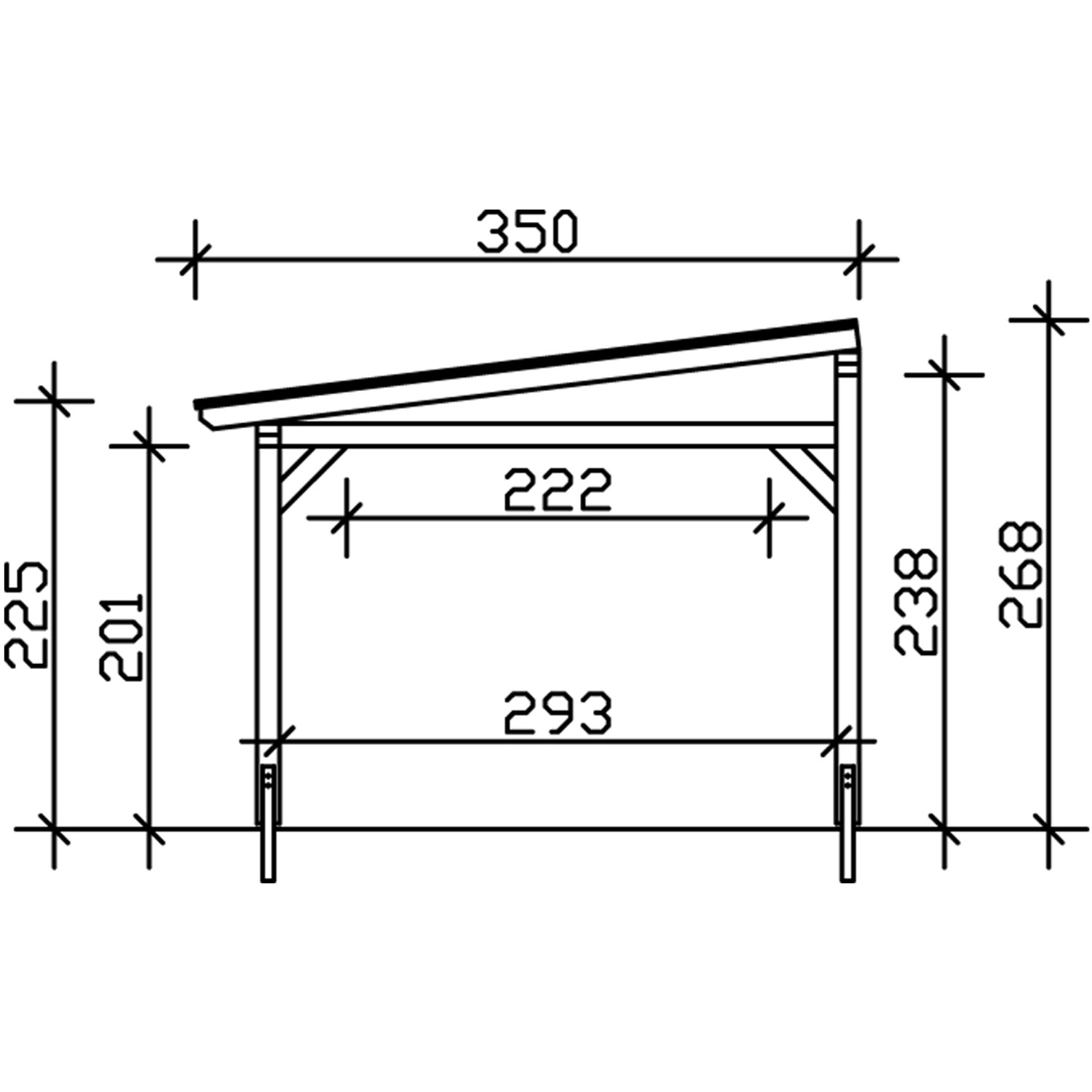 Technische Zeichnung der Skan Holz Terrassenüberdachung Siena, Maße 434 x 350 cm, Leimholz weiß.