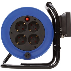 Blaue Kabeltrommel mit 4 Schuko-Steckdosen und integriertem LED Strahler.