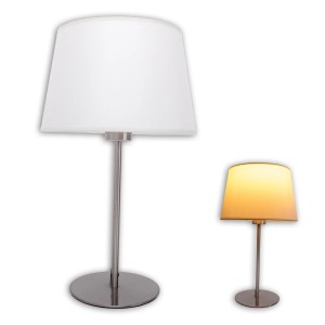 Beige Näve Tischleuchte Bologna, Design-Tischlampe mit weißem Stoffschirm und Metallfuß.