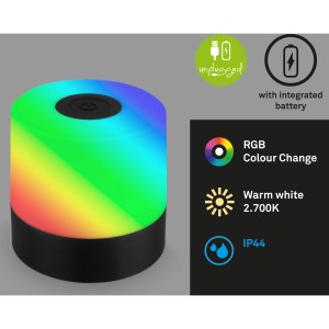 Brilo Akku-Tischleuchte Smal, schwarz, mit RGB-Farbwechsel und warmweißem Licht.