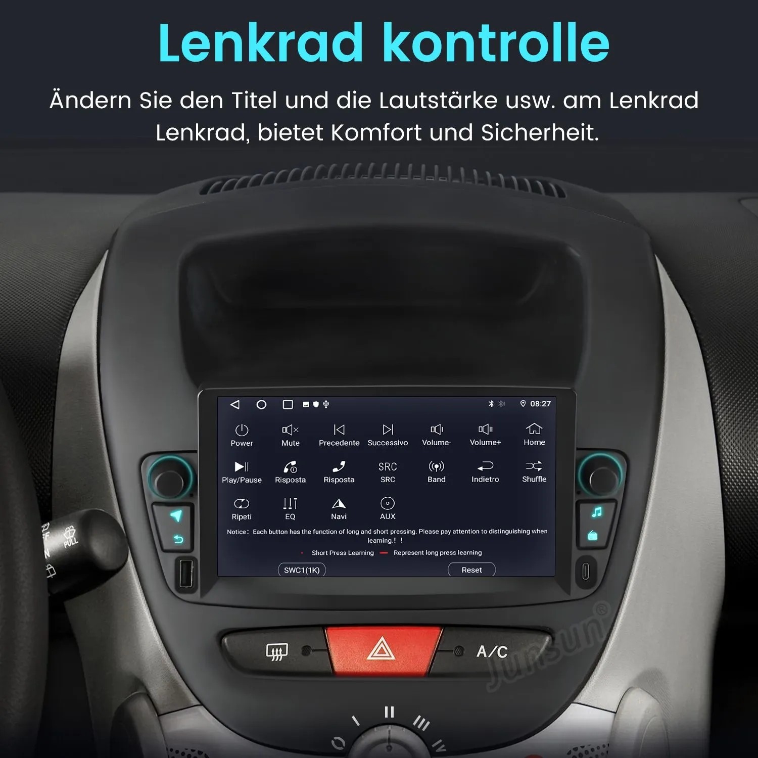Junsun 7 Zoll Autoradio im Armaturenbrett, zeigt Lenkradsteuerung für PEUGEOT 107, Citroen C1, Toyota Aygo.