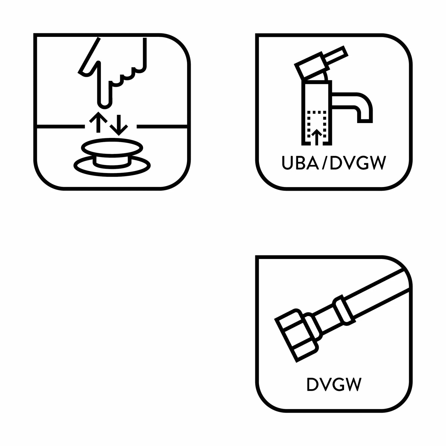Icons für Pop-Up Ventil, UBA/DVGW und DVGW Zertifizierung der baliv Waschtischarmatur.