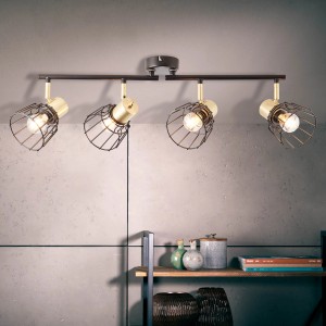 Brilliant Spotbalken Posca, 4-flammig, schwarz und gold, mit Käfigschirmen.