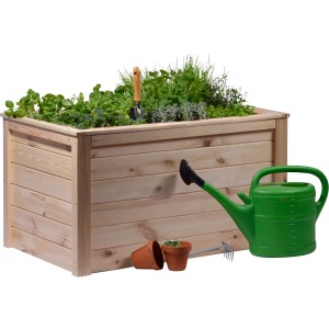 Dobar Hochbeet aus Holz, 108 cm, mit Pflanzen, Gießkanne und Gartengeräten.