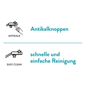 Piktogramme: Antikalknoppen und einfache Reinigung der baliv Handbrause.