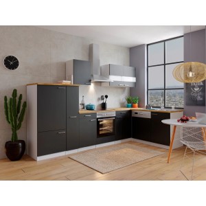 Respekta Winkelküche in Schwarz-Weiß mit Nussbaum Arbeitsplatte, inklusive E-Geräte.