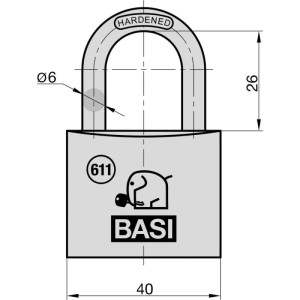 Technische Zeichnung: Basi Vorhangschloss VHS 611, 40 mm, Messinggehäuse, mit Maßen.