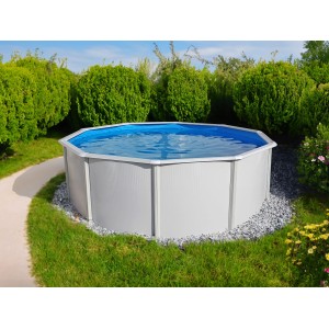 Steinbach Stahlwand-Pool Set Highline, Ø 460 cm, im Garten. Rundpool mit Stahlwand und blauer Innenfolie.