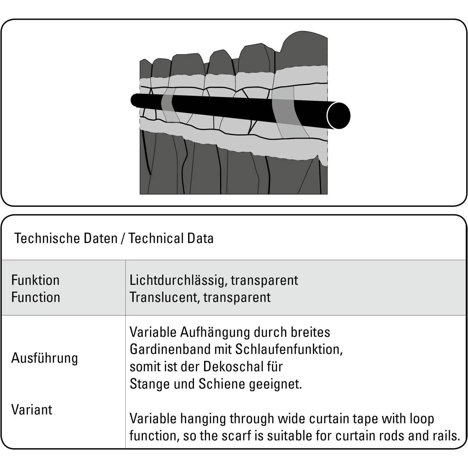 Detailaufnahme: Weißer Bennetti Schal mit Gardinenband für Stange und Schiene.