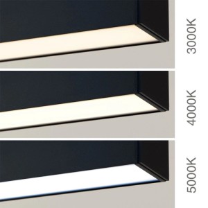 Schwarze LED Lichtband Leuchte mit einstellbarer Lichtfarbe: warmweiß, neutralweiß, tageslichtweiß (3000-5000K).