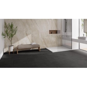 Badezimmer mit dunklen Check Click Bodenfliesen Smart Tile Trentino Quarzkomposit Schiefer 29,4x60 cm.