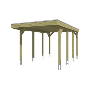 Grüner Skan Holz Carport Friesland mit Flachdach und Stahl-Dachplatten. Robuste Holzkonstruktion, 320x555 cm.