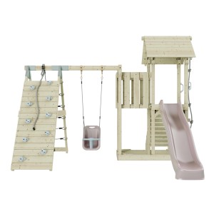 PolarPlay Babyschaukel Farö Altrosa mit Rutsche, Kletterwand und Spielturm aus Holz.