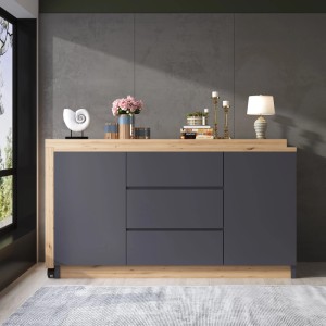 okwish Schreibtisch/Sideboard Grau/Eiche, 2 Türen, 3 Schubladen, feststellbare Rollen. Flexibler Wohnzimmertisch.