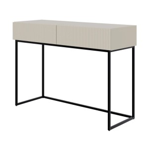 Moderner Selsey Veldio Schminktisch, 110 cm, greige mit geriffelter Lamellenfront, zwei Schubladen, schwarzen Metallbeinen.
