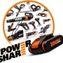 Worx 20V Akku und verschiedene Worx Geräte im Hintergrund.