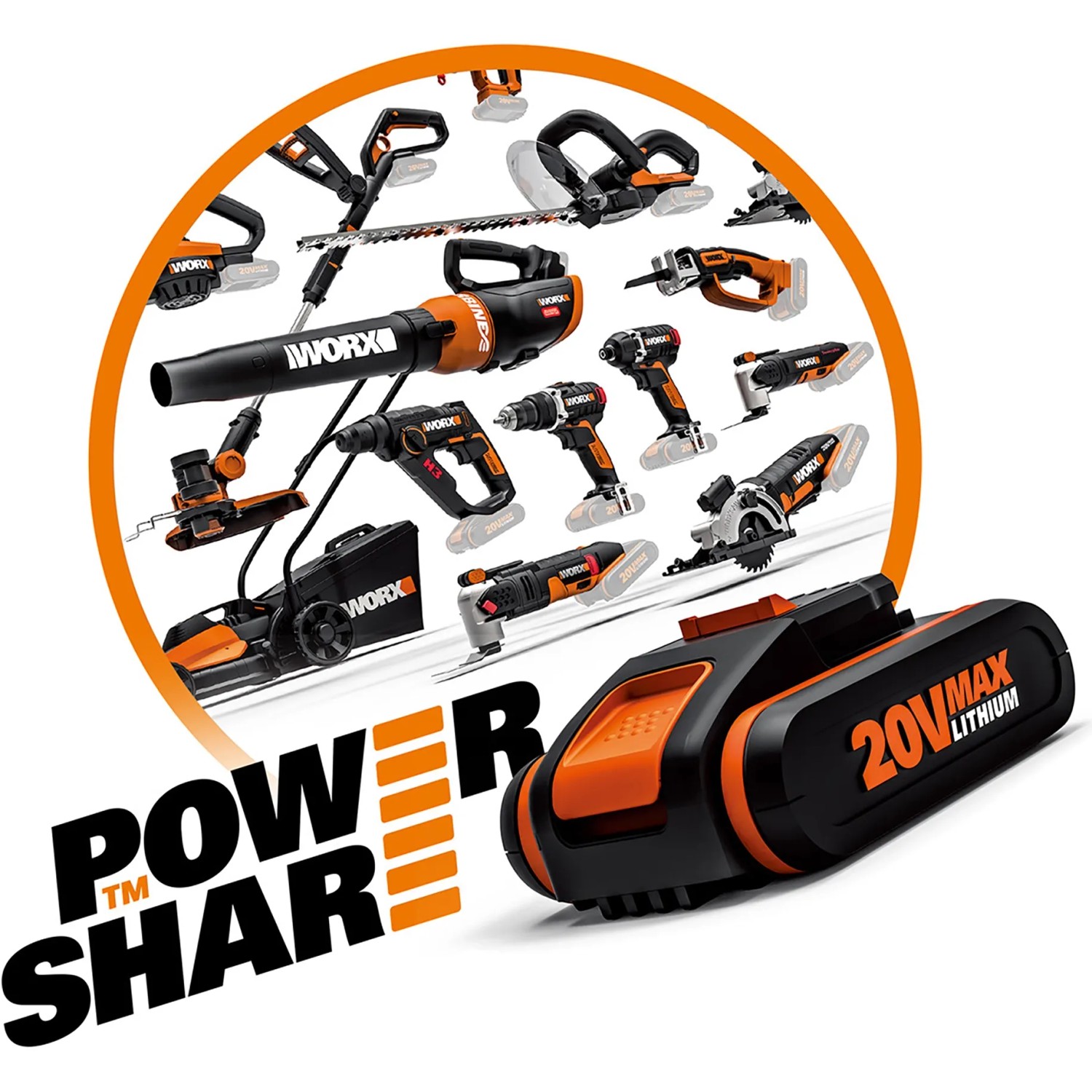 Worx 20V Akku und verschiedene Worx Geräte im Hintergrund.
