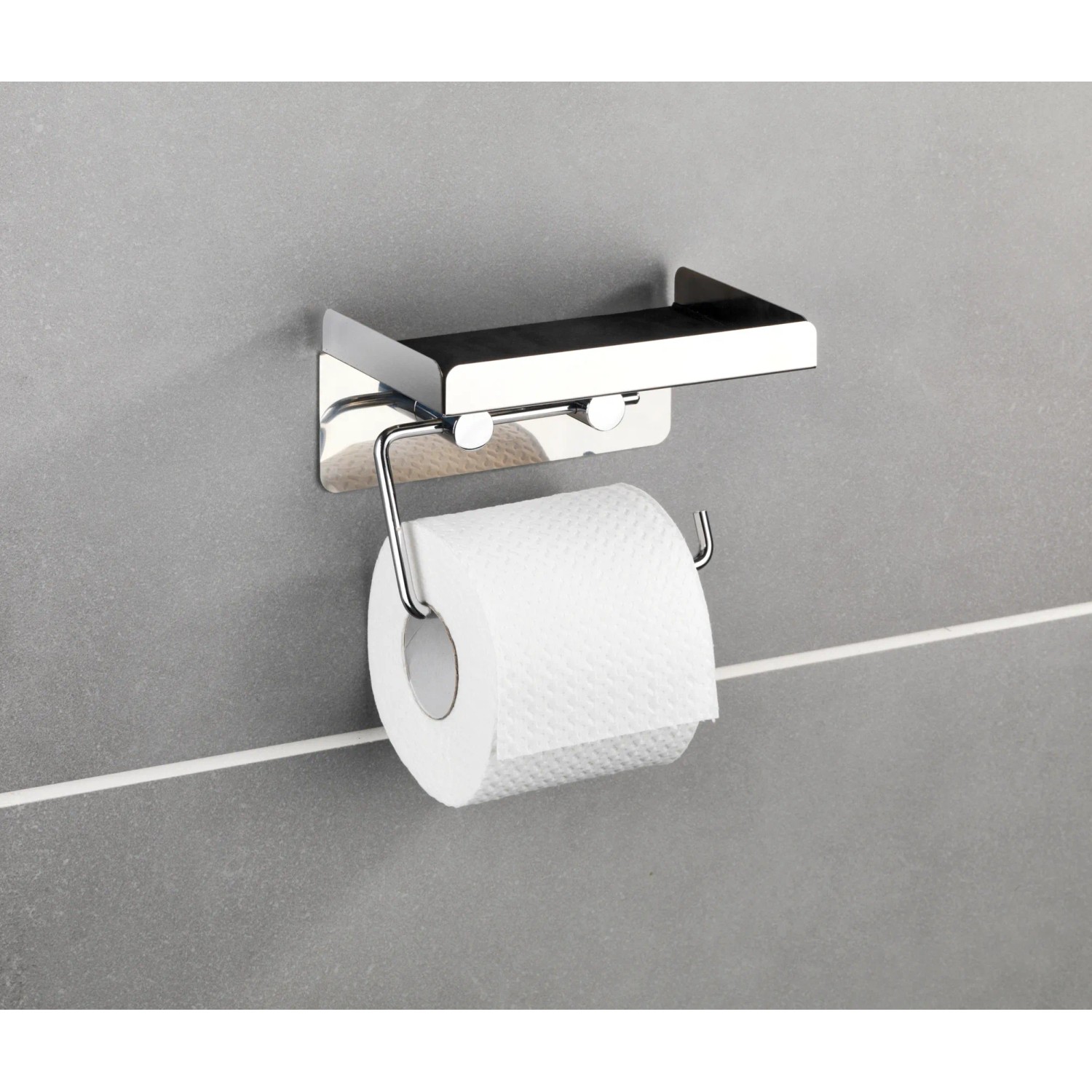 Wenko Toilettenpapierhalter aus Edelstahl mit Ablage für Badutensilien und Toilettenpapierrolle.
