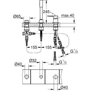 Technische Zeichnung: Grohe Lineare 3-Loch Wannenarmatur, Chrom, Maße und Anschlüsse.