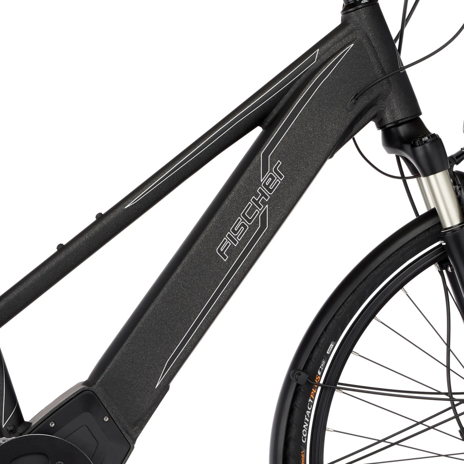 Detailaufnahme: Schwarzes Fischer E-Bike Viator 6.0i mit Trapezrahmen.