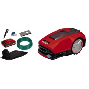 Einhell Freelexo Smart 750 Mähroboter mit Zubehör wie Akku, Begrenzungsdraht und Ladestation.