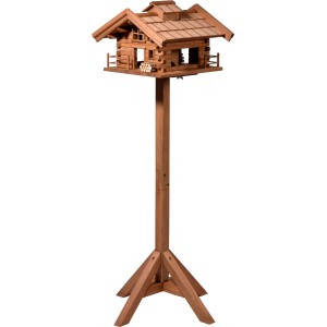 Braun lasiertes Dobar Vogelhaus „Tirol“ im Berghütten-Design mit Ständer, 117cm hoch.
