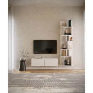 Weißes Selsey TV-Hängeboard Bemmi, 100 cm, wandmontiert mit zwei Klappenfächern unter einem Fernseher.