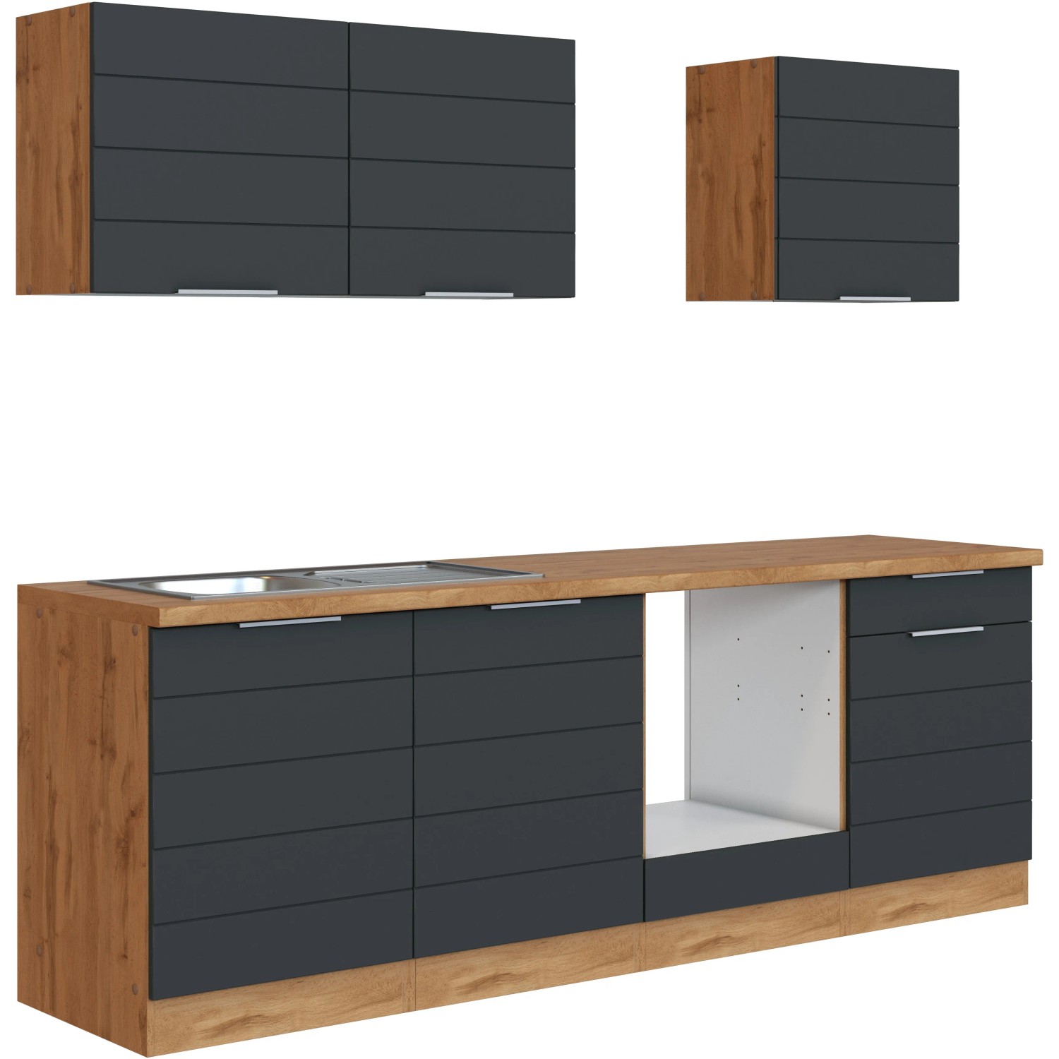 Moderne Küchenzeile in Grau-Wotaneiche (240 cm) ohne E-Geräte. Küchenblock mit Spüle und Hängeschränken.