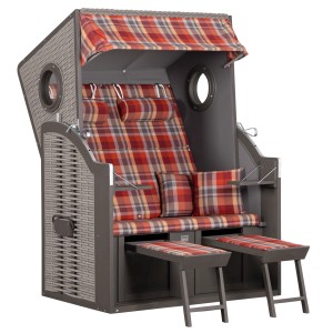 Trendy Strandkorb Twin View, Natur-Grau, mit rot karierten Polstern und Hartholz.