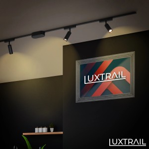 Schwarzer Brilo LED Spot Luxtrail an Schiene mit warmweißem Licht. Schwenkbar.
