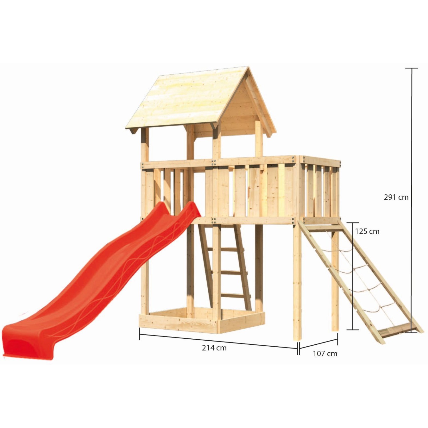 Karibu Spielturm Lotti mit roter Rutsche, Netzrampe und Anbauplattform. Spielanlage aus Holz.