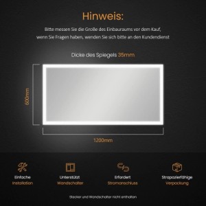 Emke LED Badspiegel 120x60 cm mit Beleuchtung, Anti-Beschlag und 35mm Dicke. Zeigt Maße und Installationshinweise.