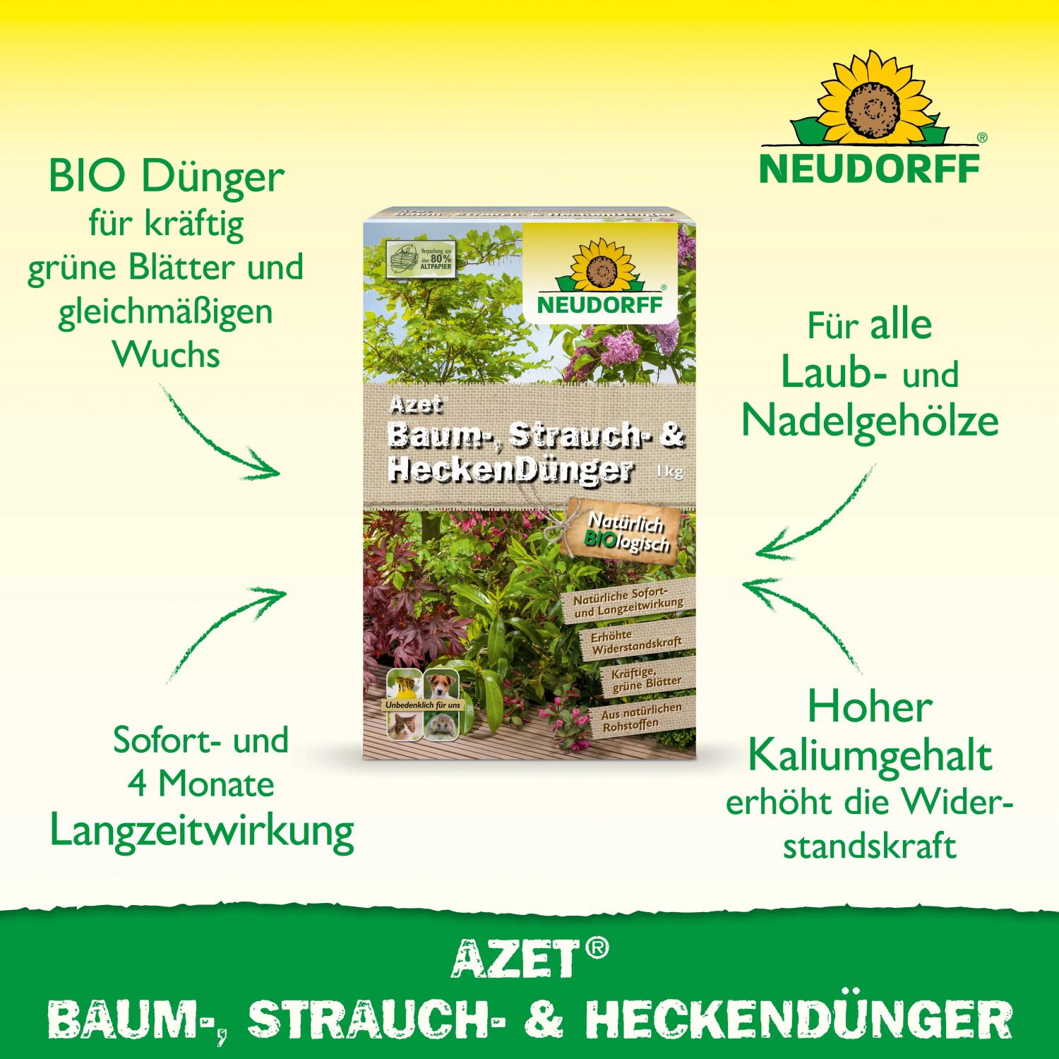 Neudorff Azet Baum-, Strauch- und Heckendünger 1 kg Packung für gesundes Wachstum.