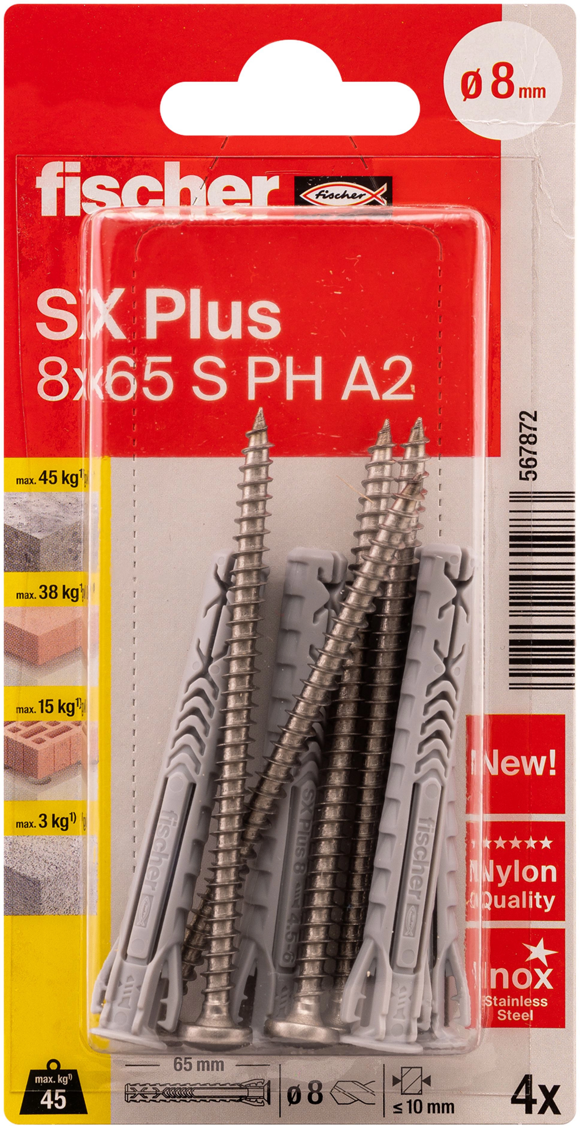 Fischer Spreizdübel SX Plus S mit Schraube Stahl A2 Ø 8 mm x 65 mm 4 ...