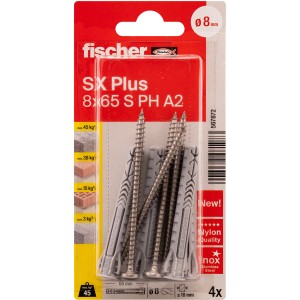 Fischer Spreizdübel SX Plus 8x65 mit Schraube, 4er-Set, geeignet für Dübelarbeiten in verschiedenen Baustoffen.