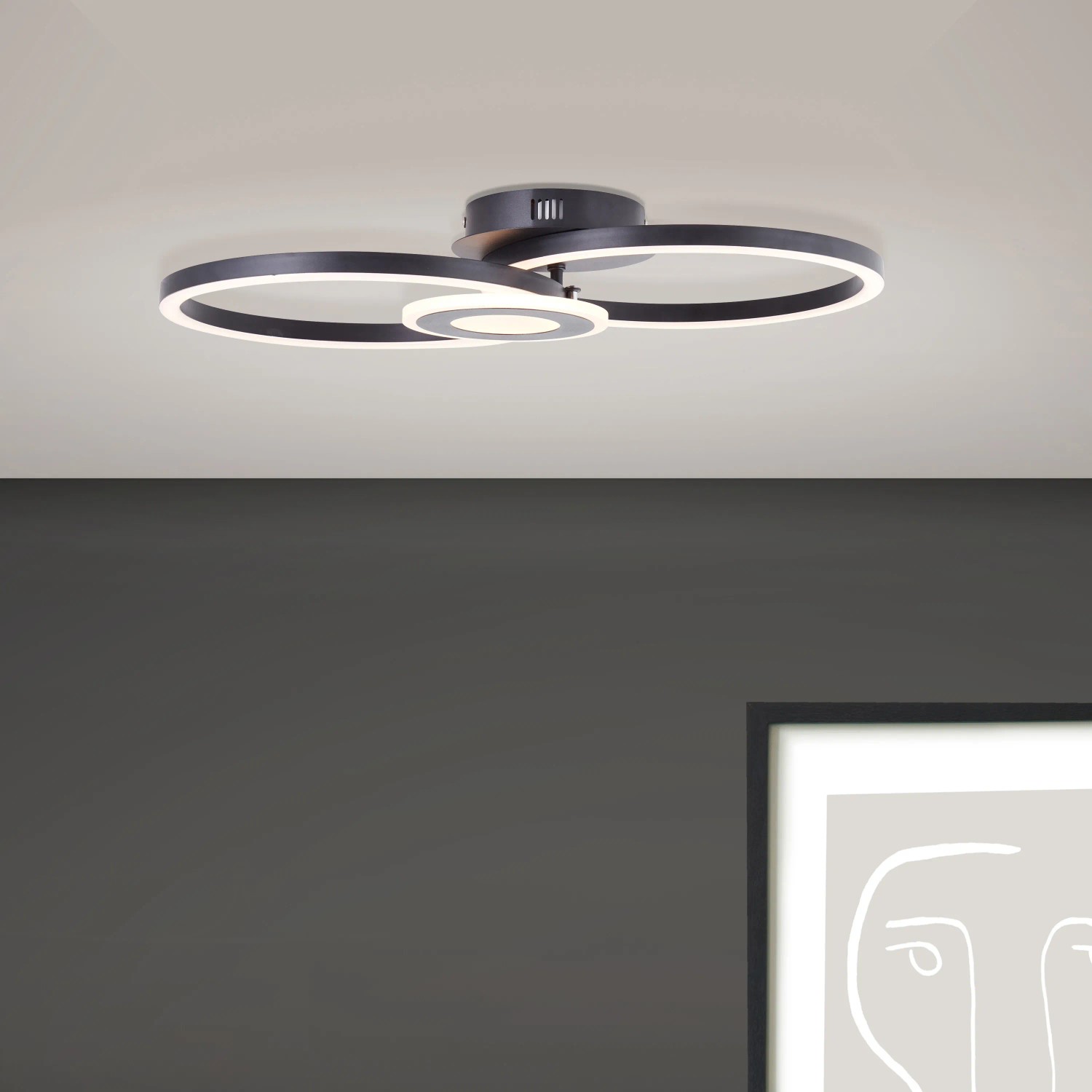 Moderne, schwarze LED-Deckenleuchte Bray, 52x30 cm, mit runden Elementen. Ideal für Wohnräume.