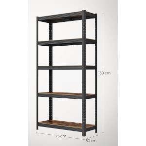 Songmics Standregal Cozory, 150 cm hoch, mit fünf braunen Regalböden und schwarzem Metallgestell.
