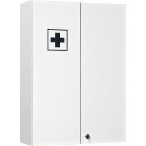 Weißer Pelipal Medizinschrank Wien 980 mit Schloss und schwarzem Kreuz.