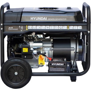 Hyundai Stromerzeuger HY8500LEK mit 8,5 kW Leistung, Benzin-Generator mit Stahlrahmen und Rädern.