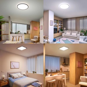 Philips Valen LED-Deckenleuchte in verschiedenen Räumen. Rund und eckig, schwarz und weiß. WarmGlow Licht, dimmbar per Fernbedienung.