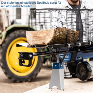 Scheppach HL760LS Holzspalter mit Holzscheit und Traktor im Hintergrund.