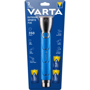 Varta LED-Taschenlampe Outdoor Sports F30 mit Batterien, blaues Gehäuse.