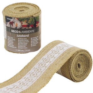 Videx Deko-Juteband mit Spitze, 6 cm breit, 300 cm lang, Natur.
