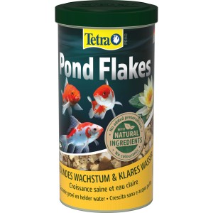 Tetra Pond Fischfutter Flakes 1L Dose mit Fischen und Seerose auf der Verpackung.