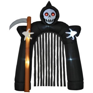 Aufblasbarer Halloween Sensenmann-Torbogen mit leuchtenden roten Augen, Sense und LED-Beleuchtung. Gruselige Dekoration.