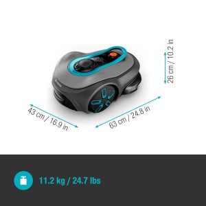 Gardena Mähroboter Sileno Smart Free 1200: Kabelloser Rasenroboter in Grau und Türkis, Seitenansicht.
